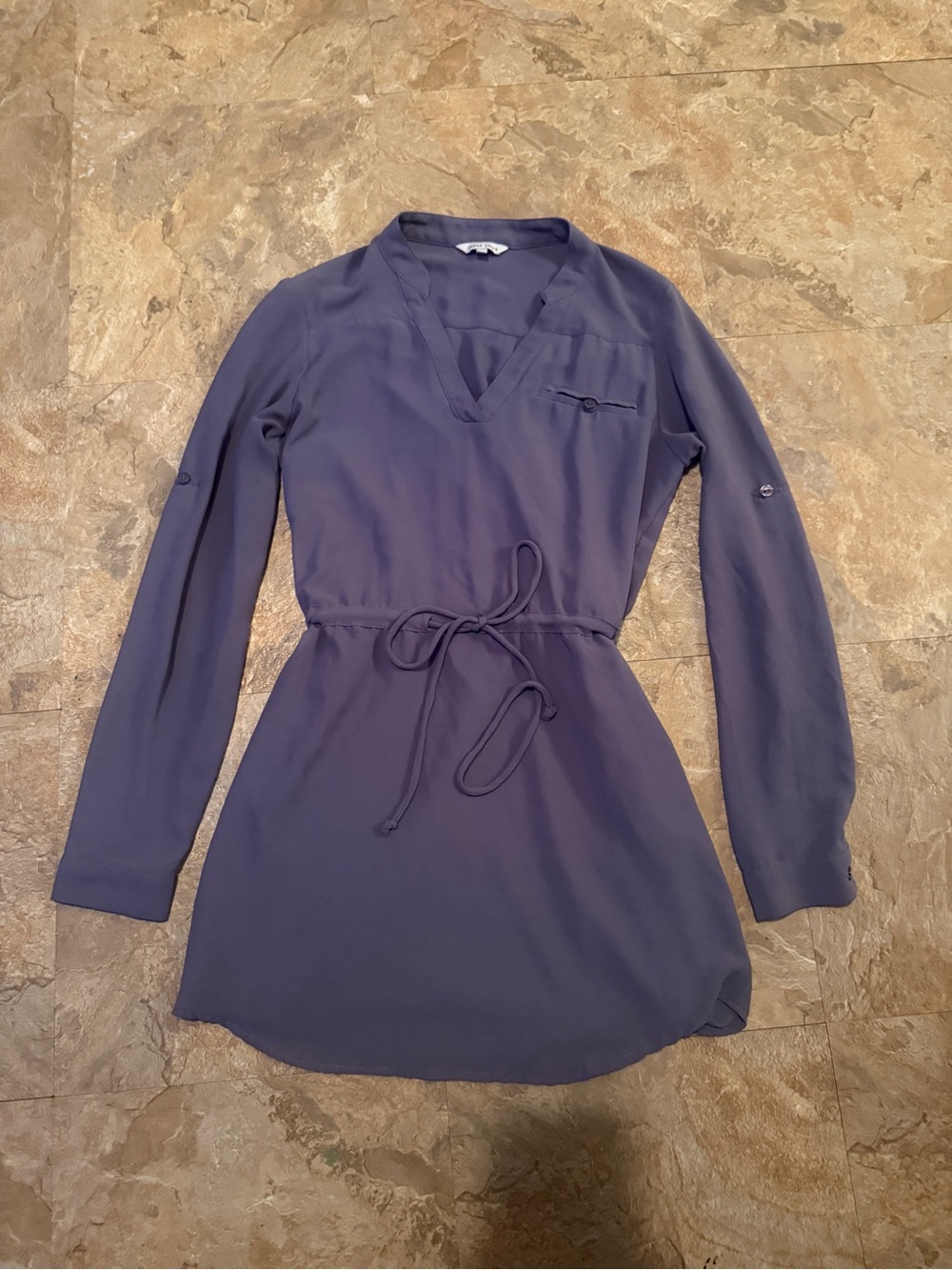Naked Zebra Slate Blue Long Sleeve Tie-Waist V-Neck Dress